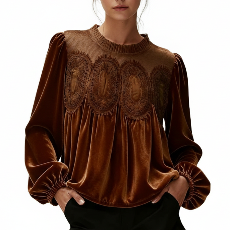 Long Sleeve Velvet Trim Lace Blouse Elegant Flared Swing Top For Women