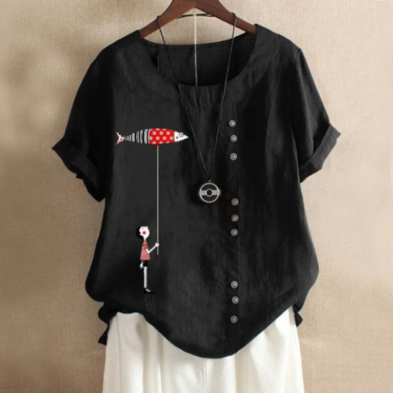 Fish Patch Button Summer Blouse