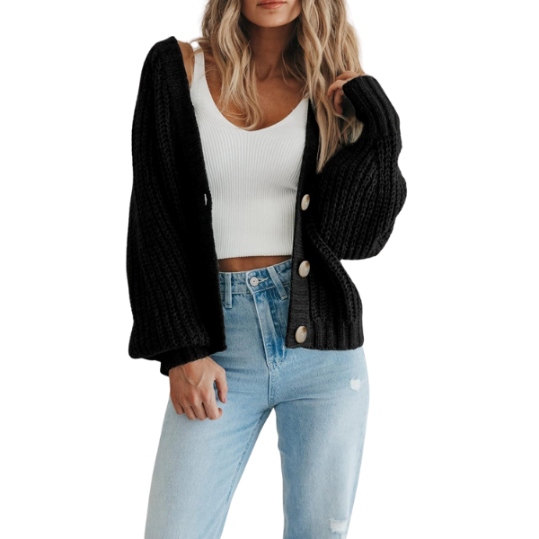 Women's Chunky Knit Open Front Sweater Long Sleeve Button Loose Short Cardigan Outerwear Coats