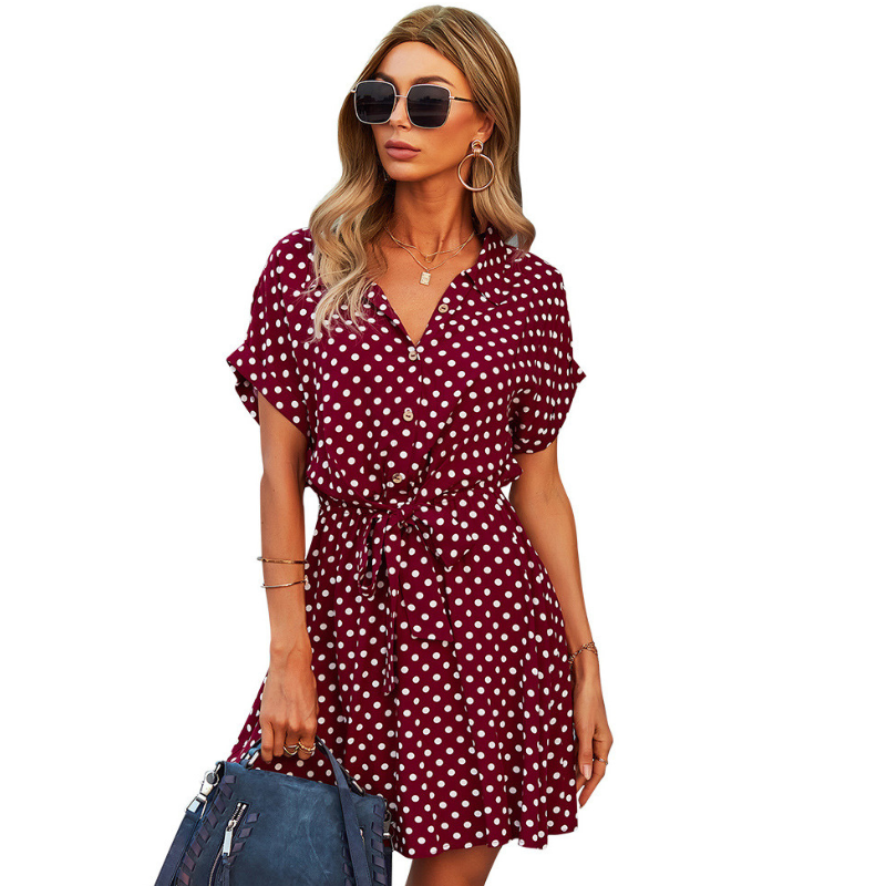 Polka Dots Knee Length Waist Belt Tie Dress-My Comfy Blouse