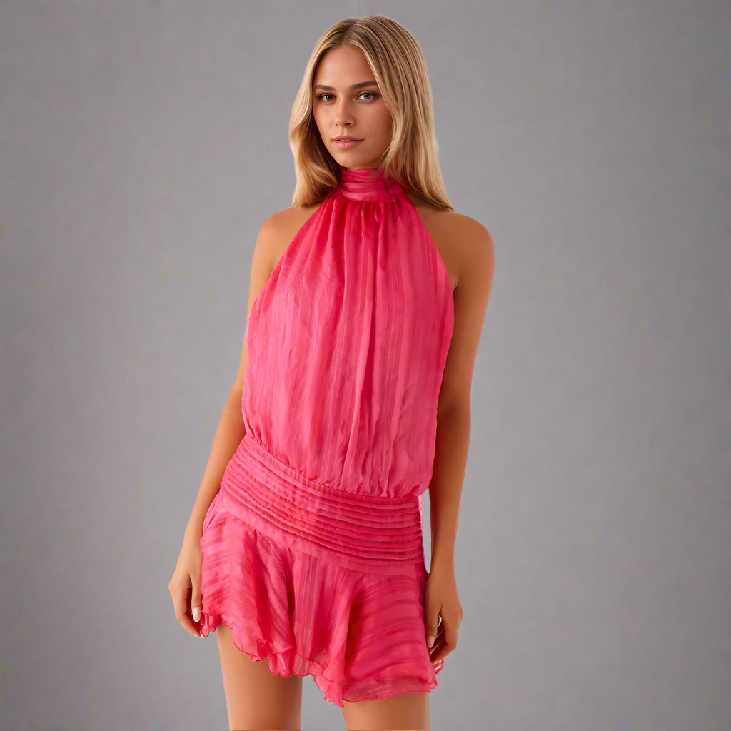 Chiffon Halter Flare Mini Dress-My Comfy Blouse