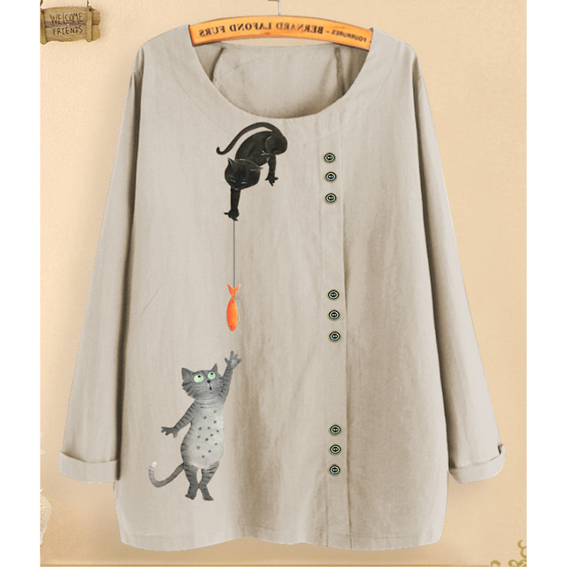Cute Cat Print Full Sleeves Blouse-My Comfy Blouse