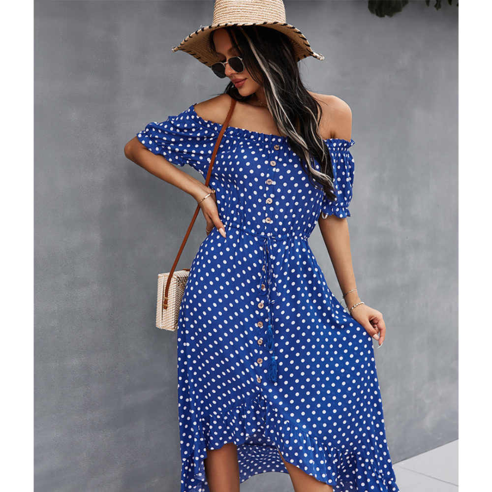 Off-Shoulder Polka Dot High Low Ruffle Hem Dress-My Comfy Blouse
