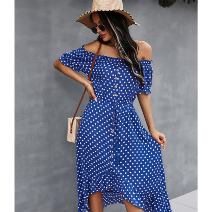 Off-Shoulder Polka Dot High Low Ruffle Hem Dress-My Comfy Blouse