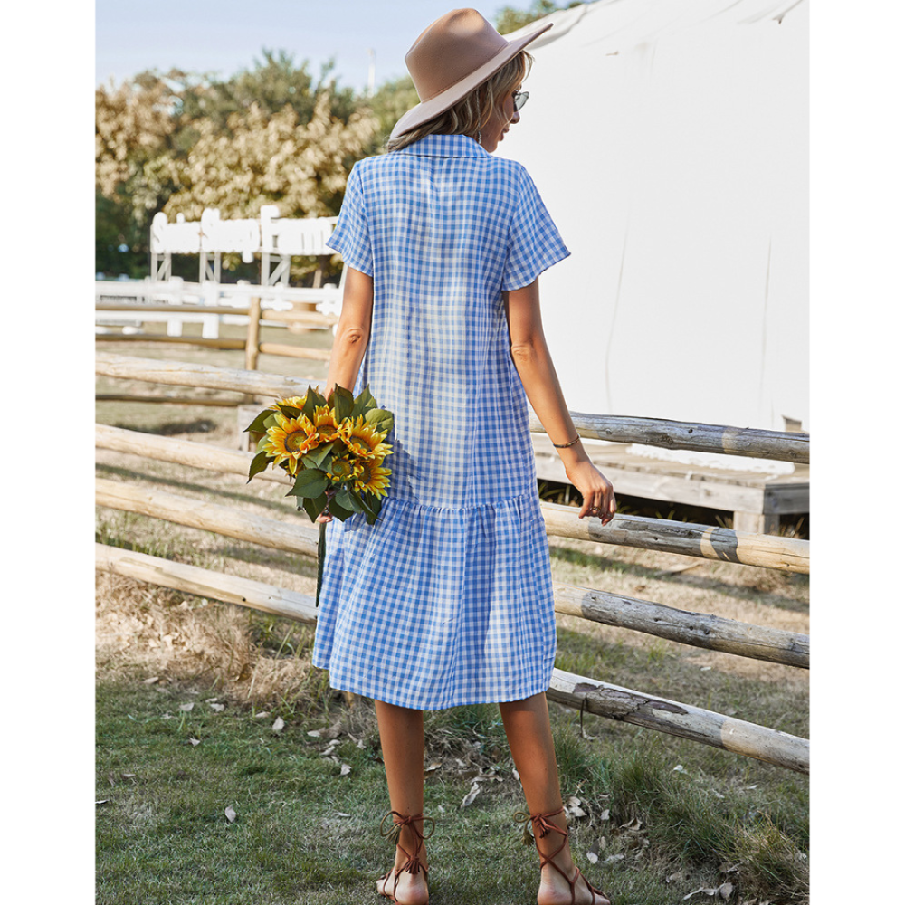 Women Buttoned Gingham Summer Dress-My Comfy Blouse