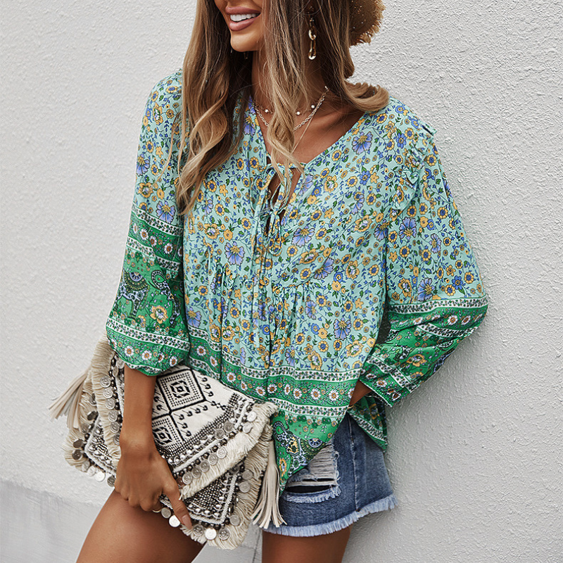Traditional Print Front Strip Tie Blouse-My Comfy Blouse