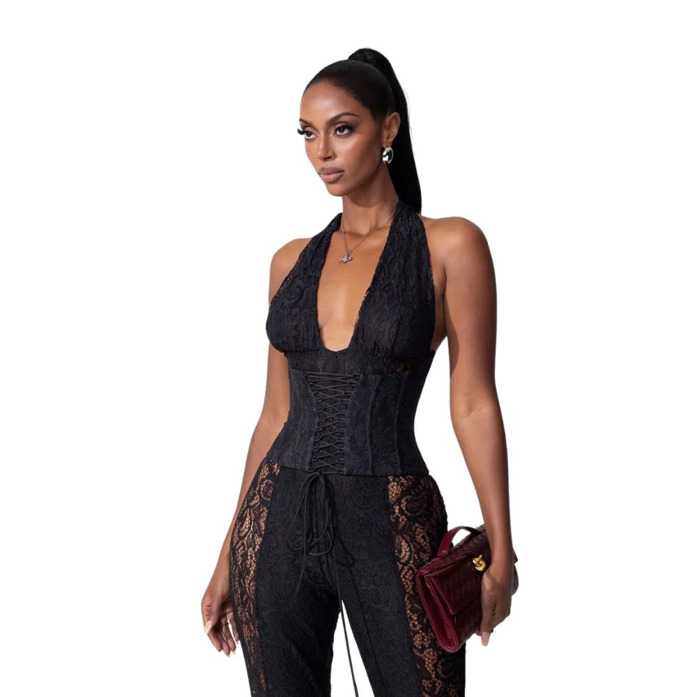 Lace Halter Jumpsuit With Corset And Sheer Panels
