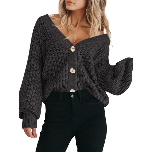 Women's Chunky Knit Open Front Sweater Long Sleeve Button Loose Short Cardigan Outerwear Coats