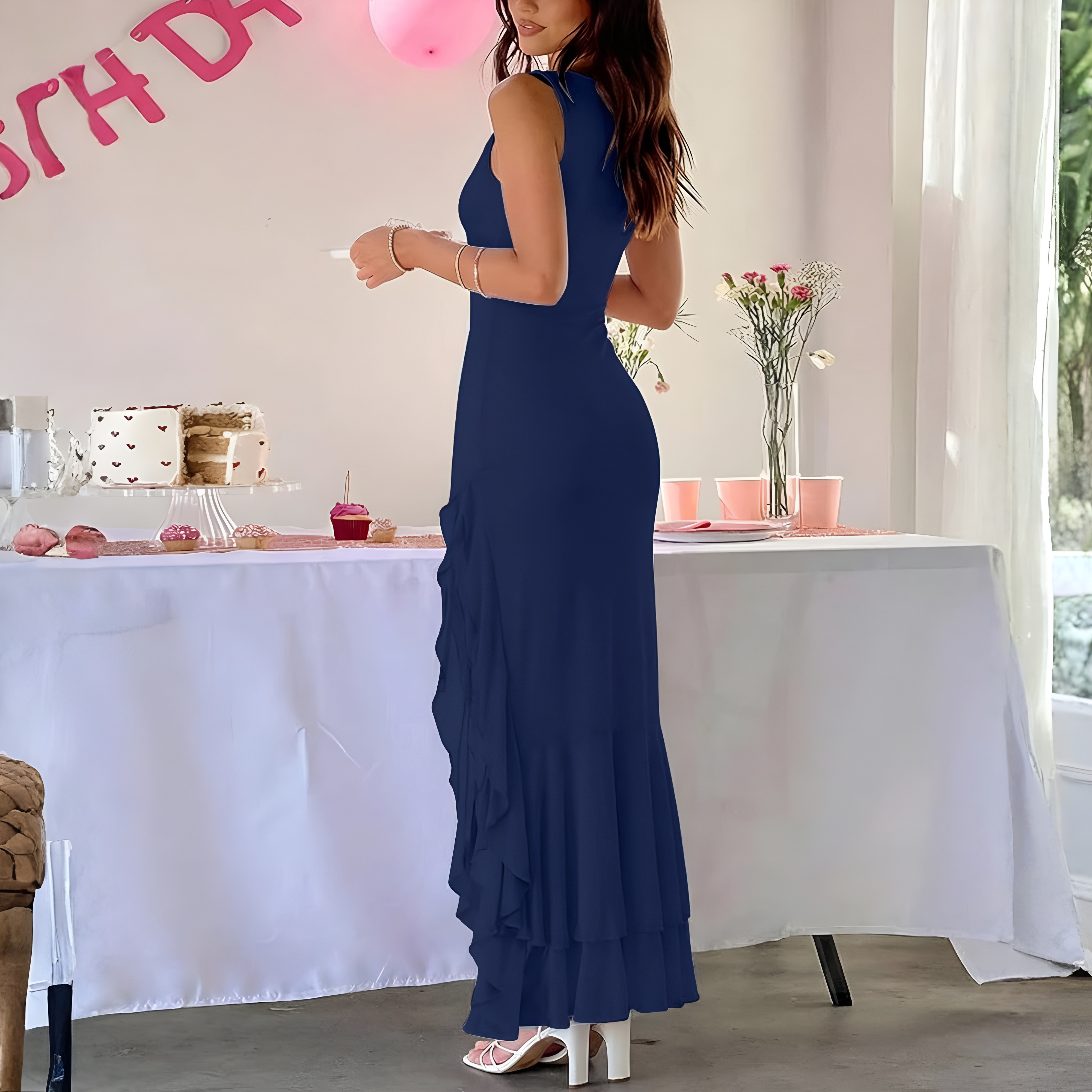 Elegant Ruched Mesh Sleeveless Maxi Dress For Women