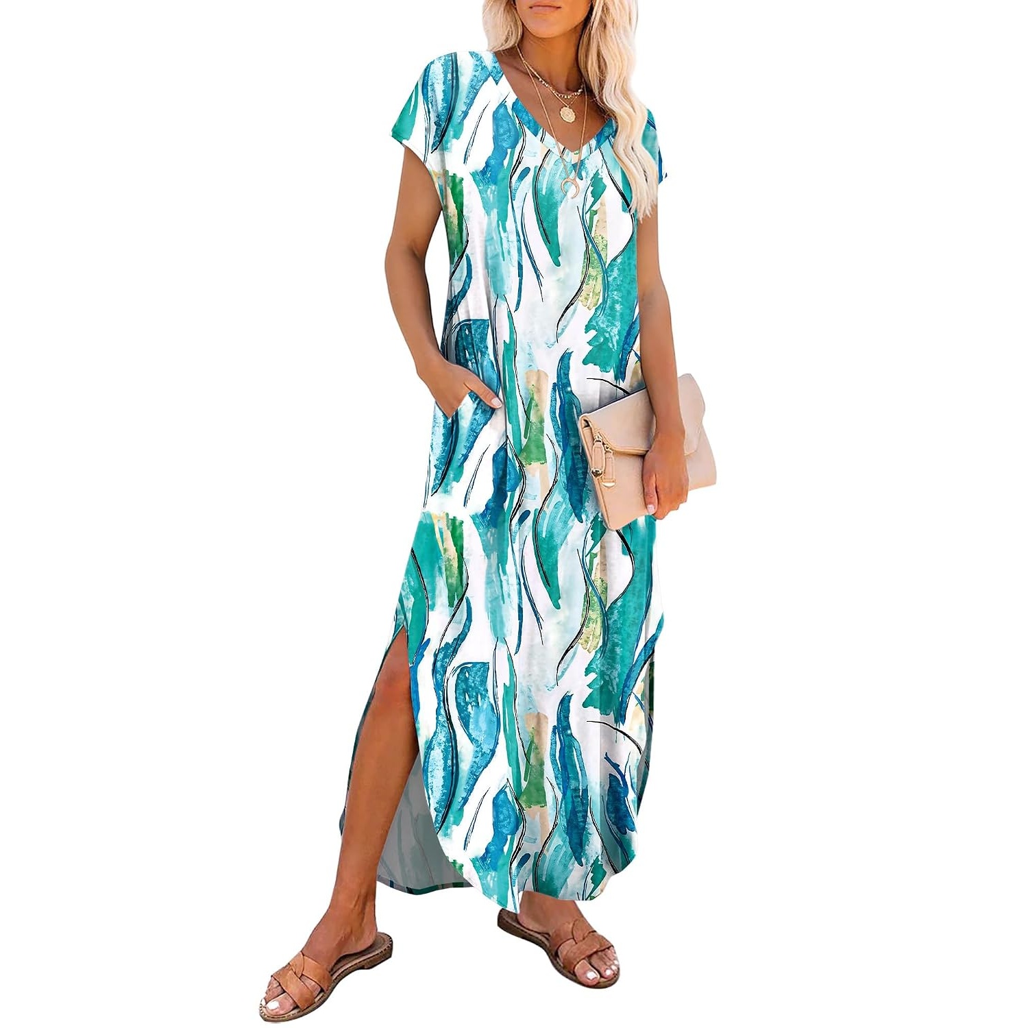 Summer Sundress Cap Sleeve ,Maxi Dress With Pockets For Women