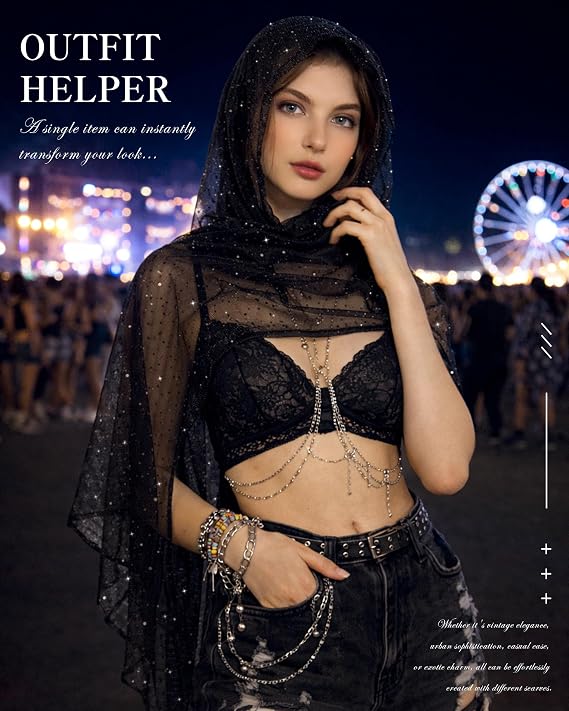 Promotional lifestyle image titled 'Outfit Helper' showing a black sheer sequin scarf worn as a hooded wrap over the head and shoulders, styled at a nighttime festival setting with bokeh lights and a ferris wheel in the background.