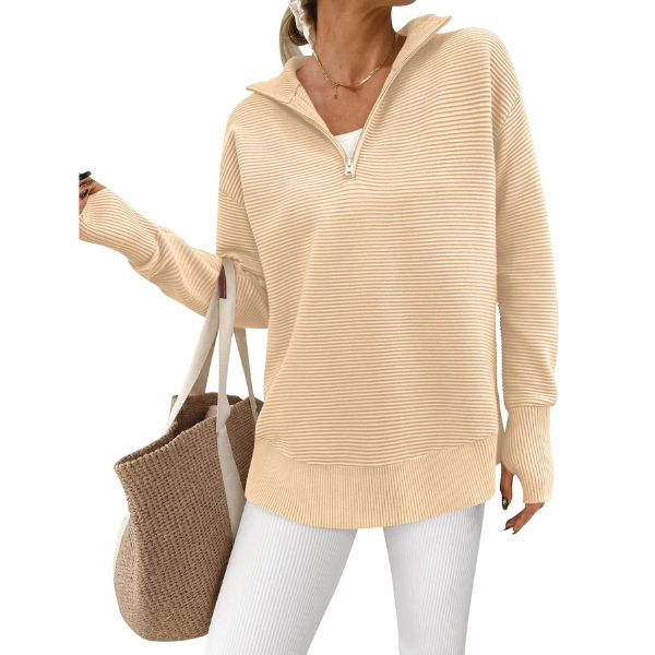 Womens Long Sleeve Quarter Zip Pullover Sweater Casual Loose V Neck Collared Ribbed Knit Jumper Tops Thumb Hole