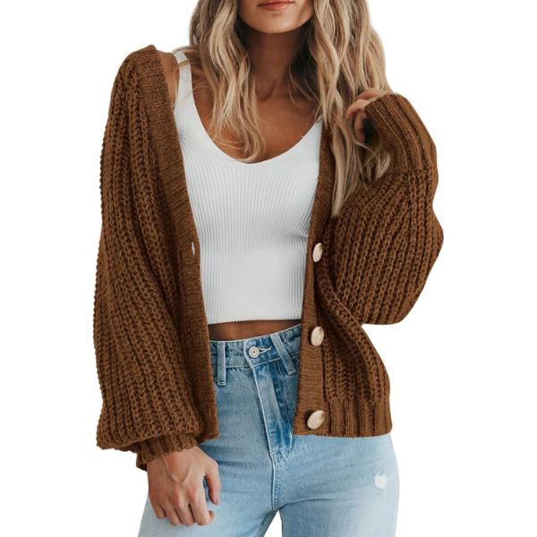 Women's Chunky Knit Open Front Sweater Long Sleeve Button Loose Short Cardigan Outerwear Coats