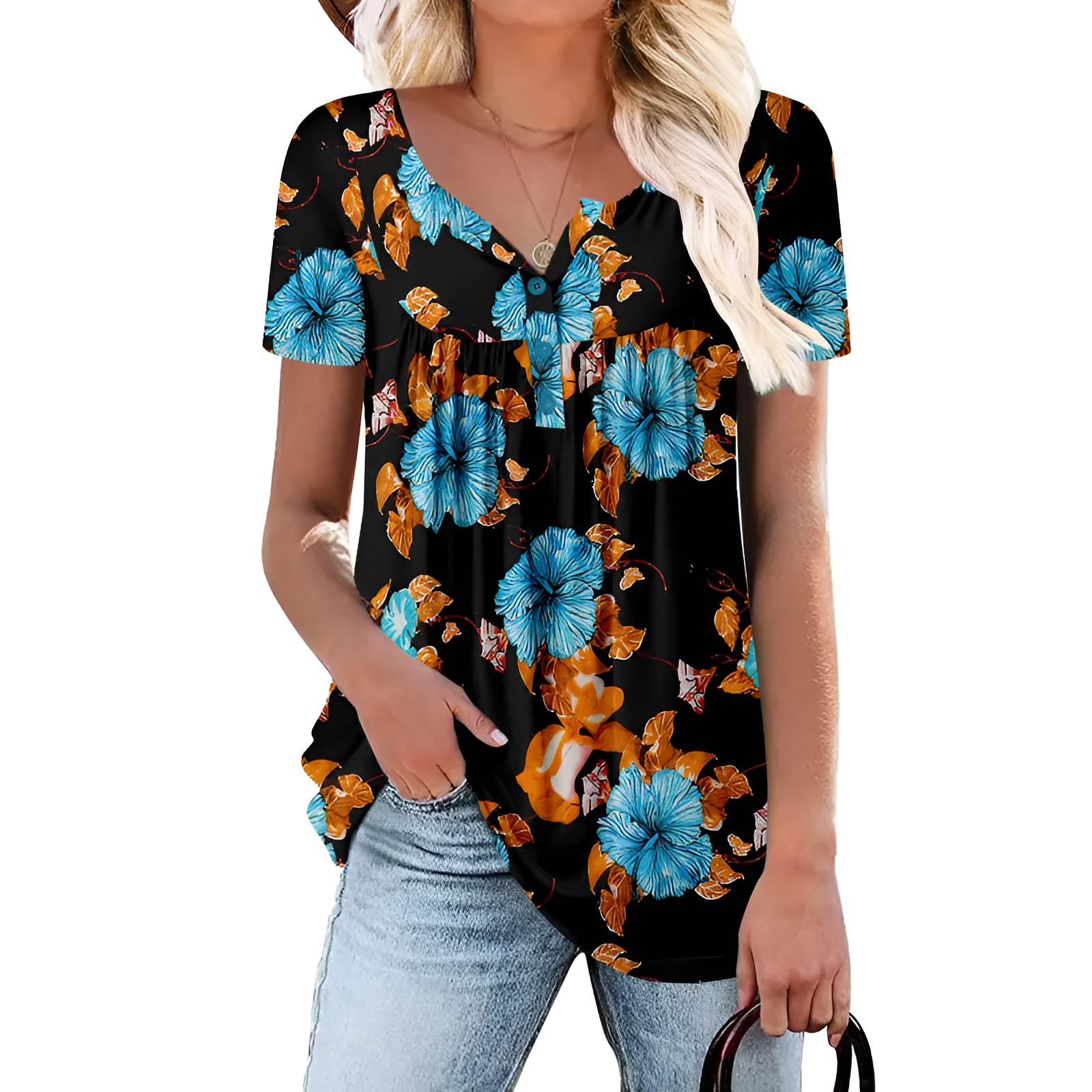 Floral Print Short Sleeve Summer Tunic Top Loose Fit Blouse