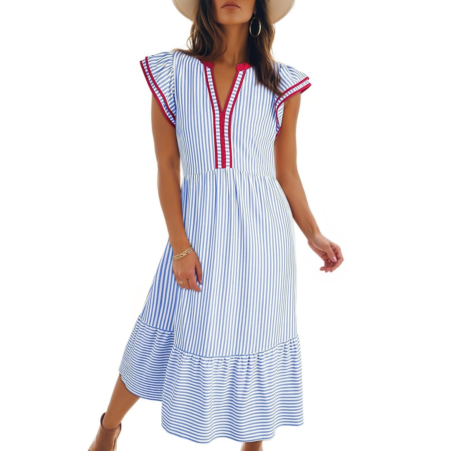 Summer Striped Ruffle Sleeve Midi Dress With Pockets