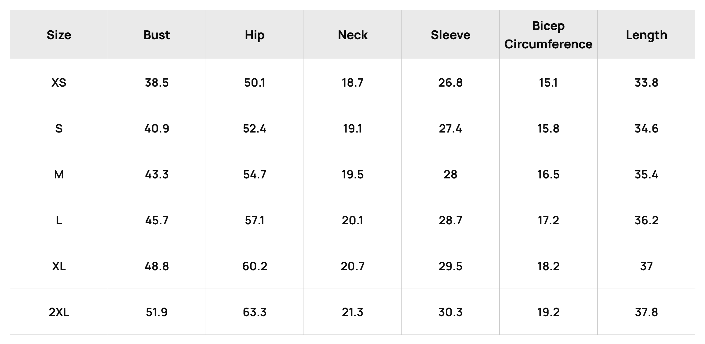 Size Chart Us Product