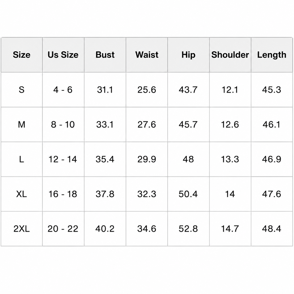 Size Chart Dress