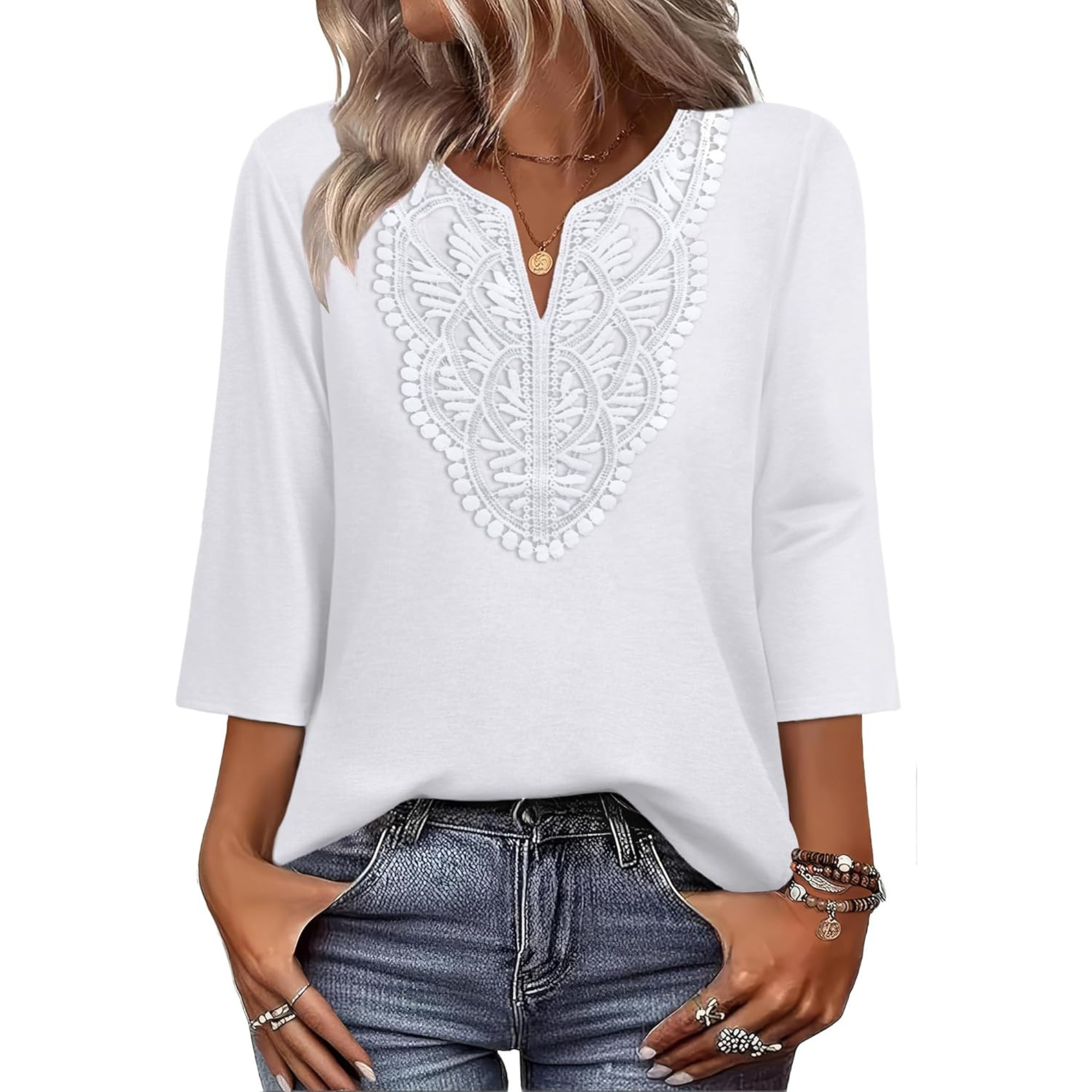  Length Sleeve Womens Tops Boho V Neck Lace Shirt Trendy Blouses Dressy Casual Vacation