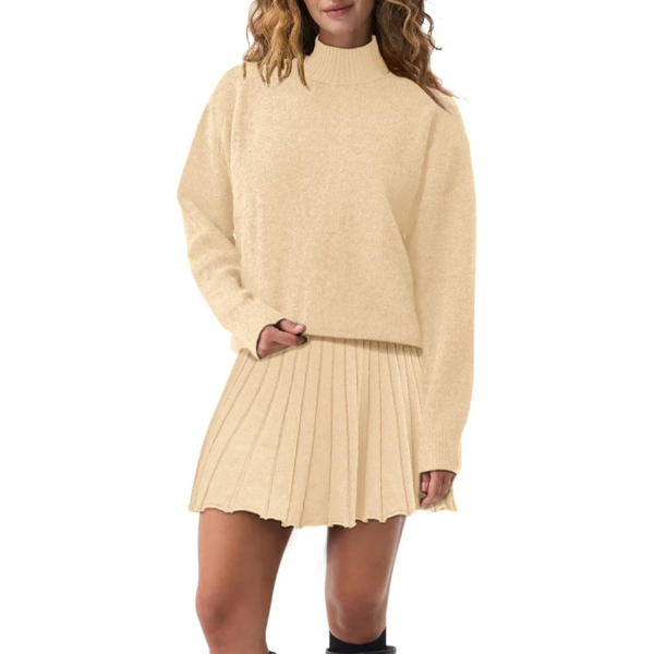 Women's Two Piece Outfits Turtleneck Long Sleeve Ribbed Knit Tops Pleated Mini Skirt 2026 Casual Sweater Sets