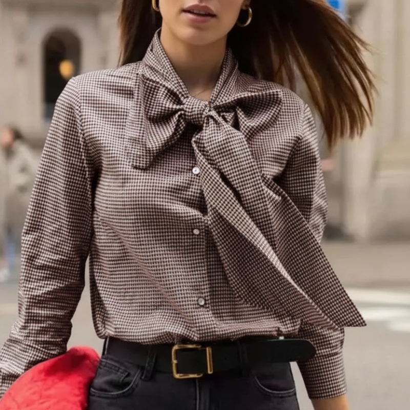 Button Down Long Sleeve Plaid Design Shirt With Bow Tie For Women-My Comfy Blouse