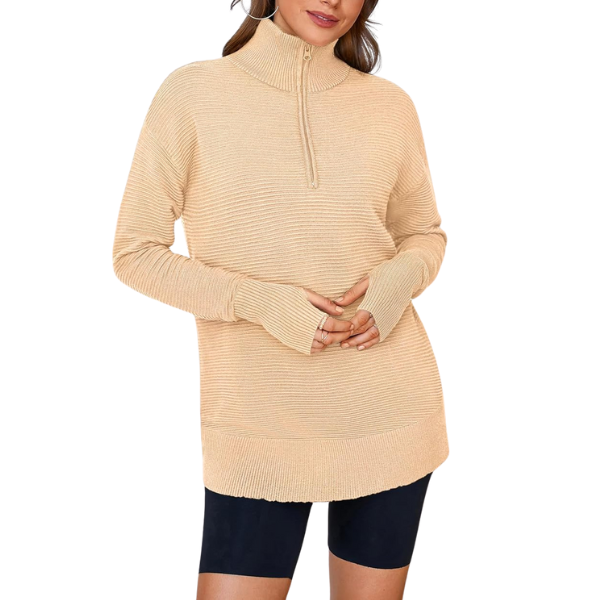 Womens Long Sleeve Quarter Zip Pullover Sweater Casual Loose V Neck Collared Ribbed Knit Jumper Tops Thumb Hole