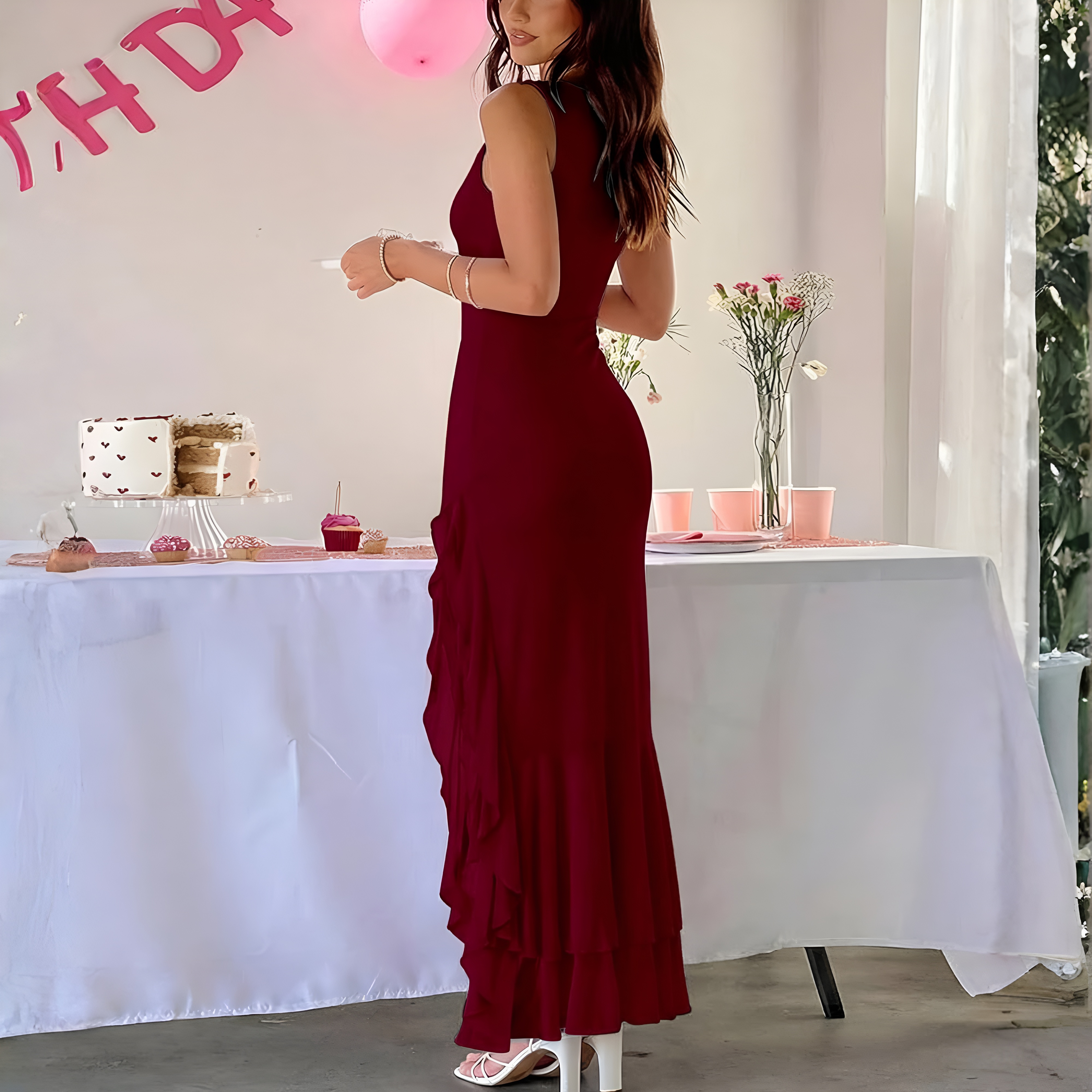 Elegant Ruched Mesh Sleeveless Maxi Dress For Women