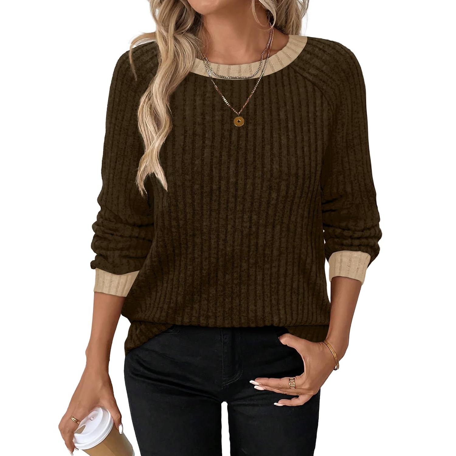 Casual Ribbed Long Sleeve Cuff Detail Top for Women