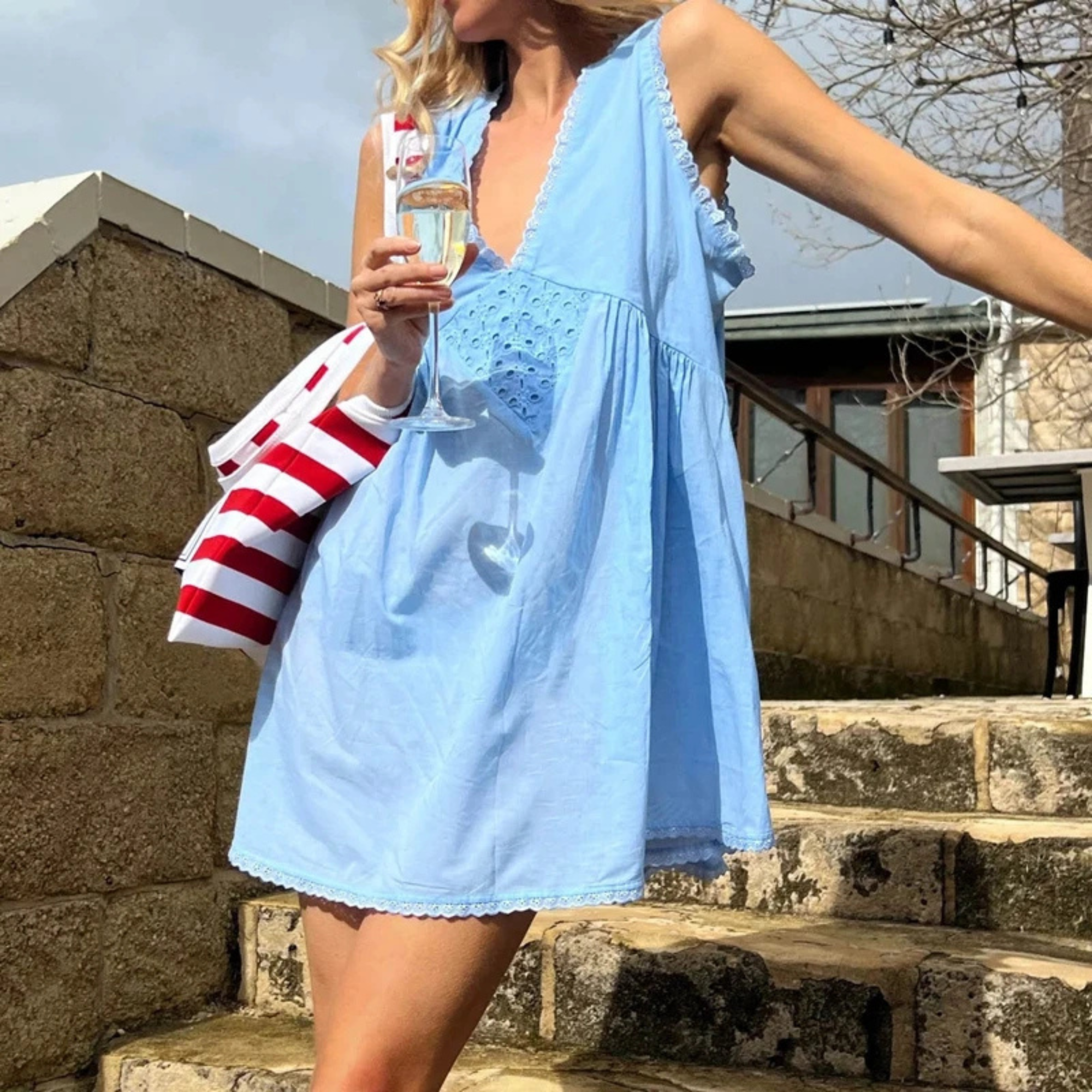 A Line Mini Flowy Dress With Lace Trim Vintage Detail For Women