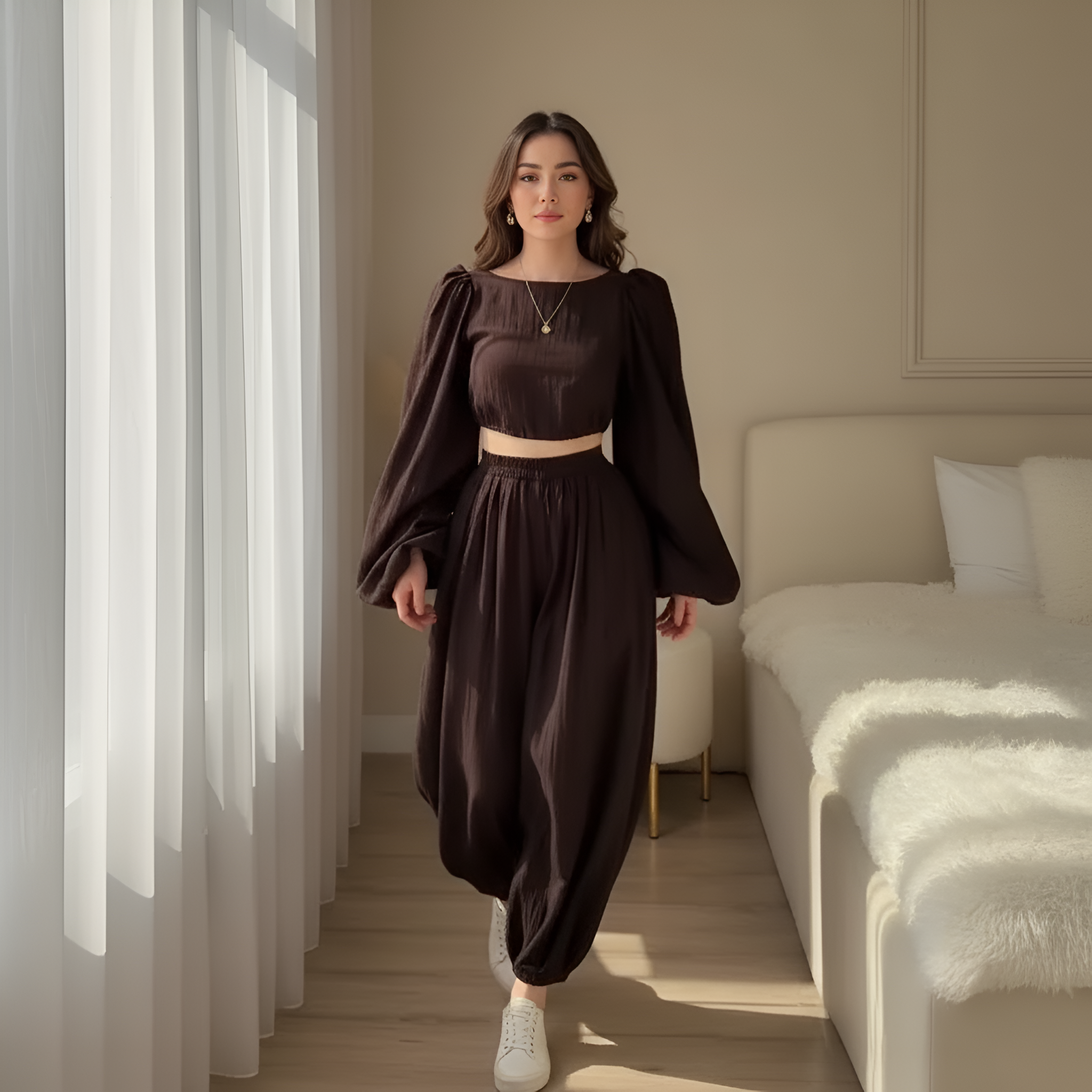 Puff Sleeve Crop Top And Pants Set