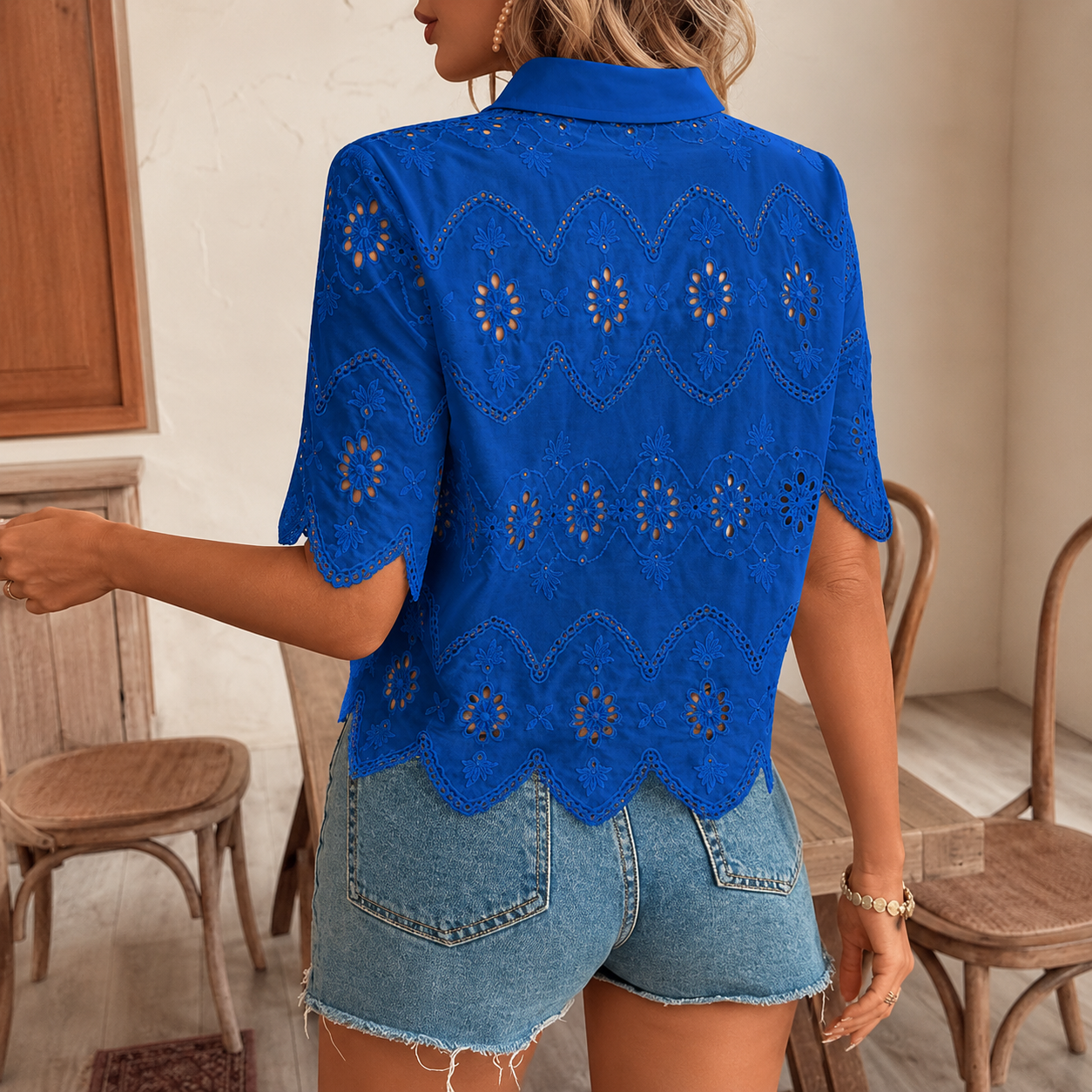 Down Collared Blouses Embroidery Eyelet Short Sleeve With Button For Women