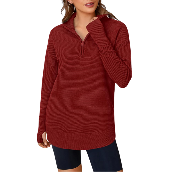 Womens Long Sleeve Quarter Zip Pullover Sweater Casual Loose V Neck Collared Ribbed Knit Jumper Tops Thumb Hole