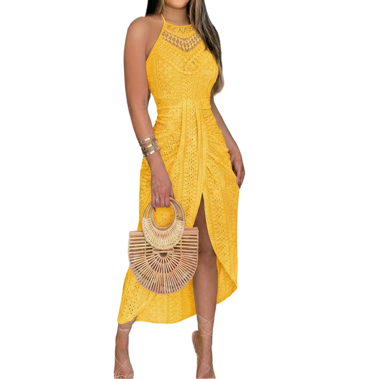 Summer Halter Hollow Out A Line Vacation Dress With Side Slit For Women