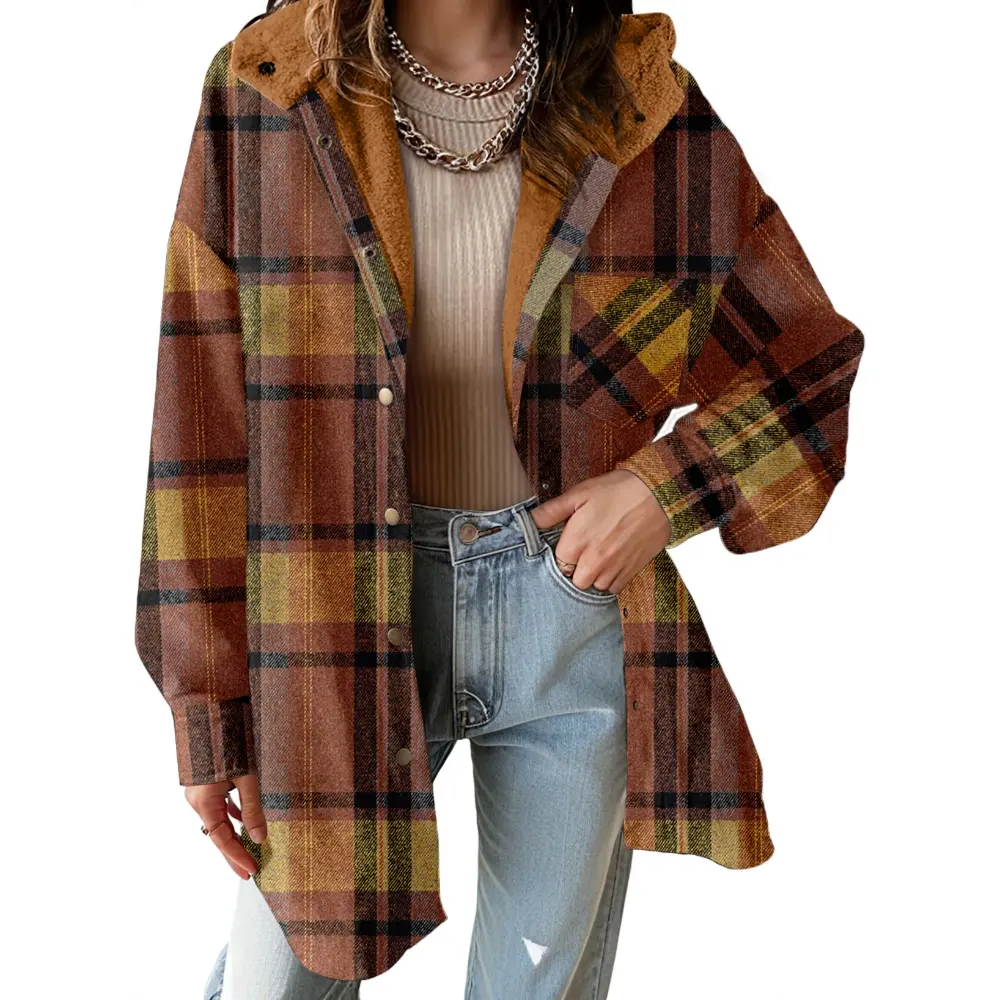 Casual Button Down Plaid Fleece Jacket With Hood For Women