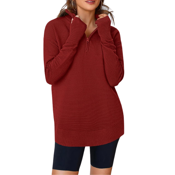 Womens Long Sleeve Quarter Zip Pullover Sweater Casual Loose V Neck Collared Ribbed Knit Jumper Tops Thumb Hole