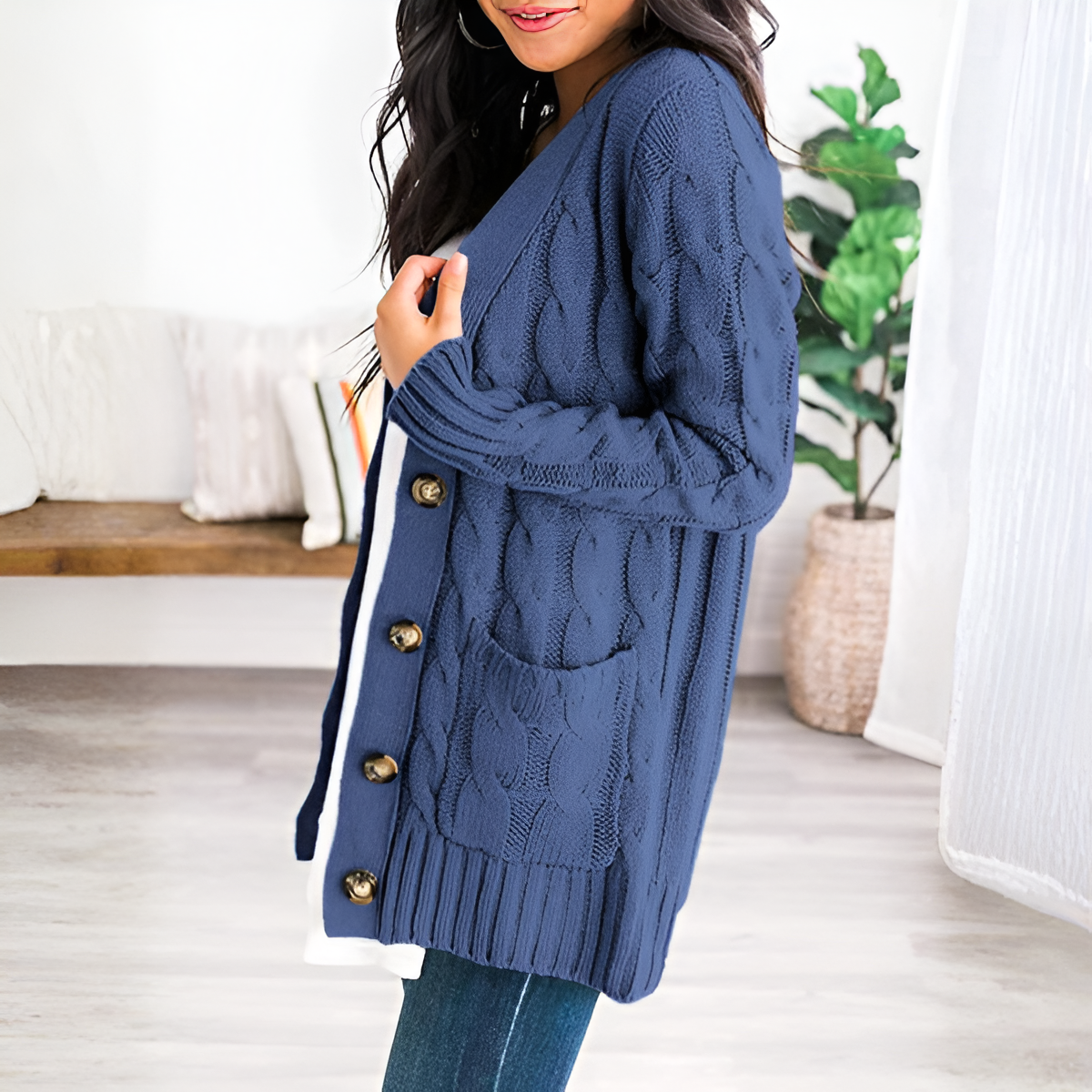Cable Knit Button Front Open Cardigan