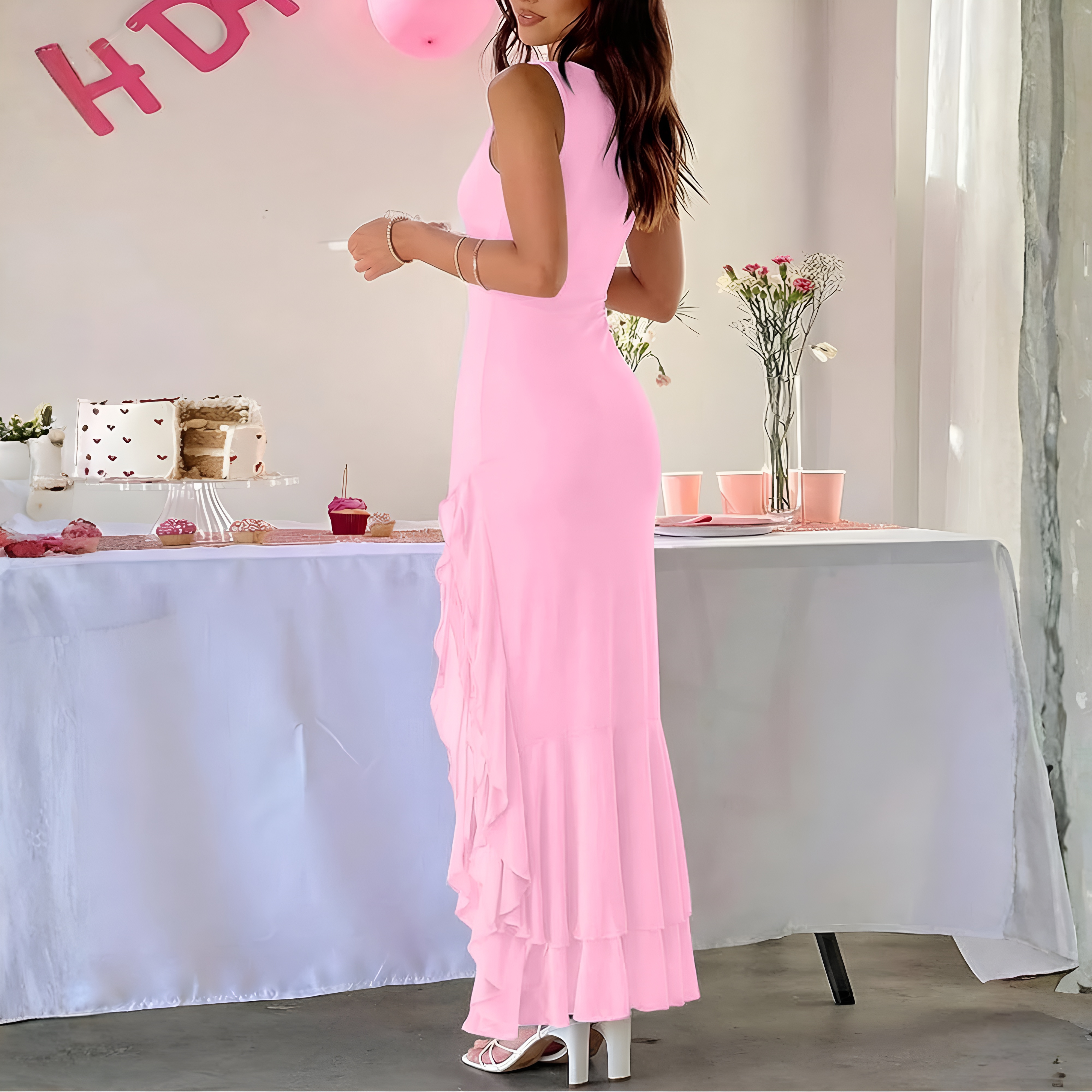 Elegant Ruched Mesh Sleeveless Maxi Dress For Women