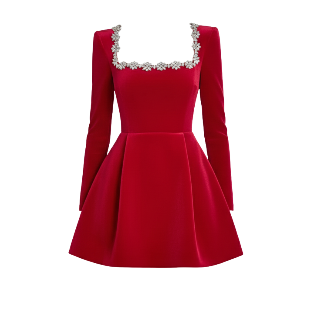 Velvet Dress With Floral Trim Design For Women -My Comfy Blouse