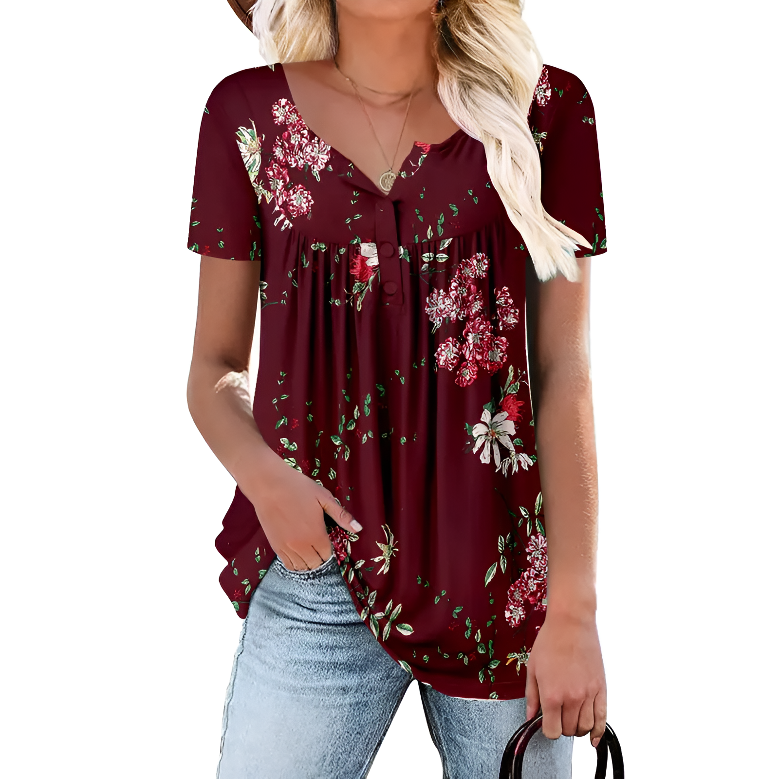 Floral Print Short Sleeve Summer Tunic Top Loose Fit Blouse
