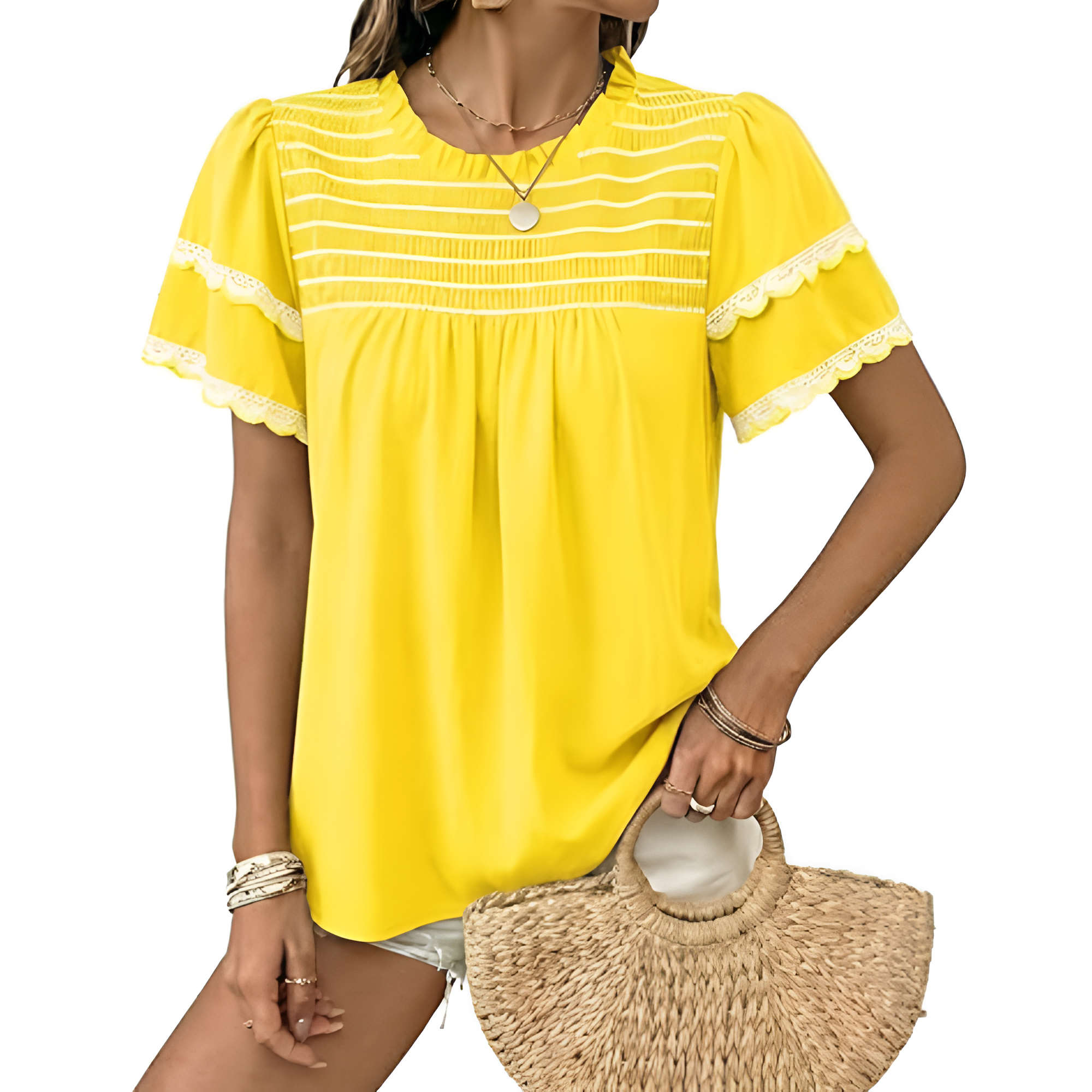 Women Summer Tops Crewneck Ruffle Short Sleeve Casual Pleated Blouses