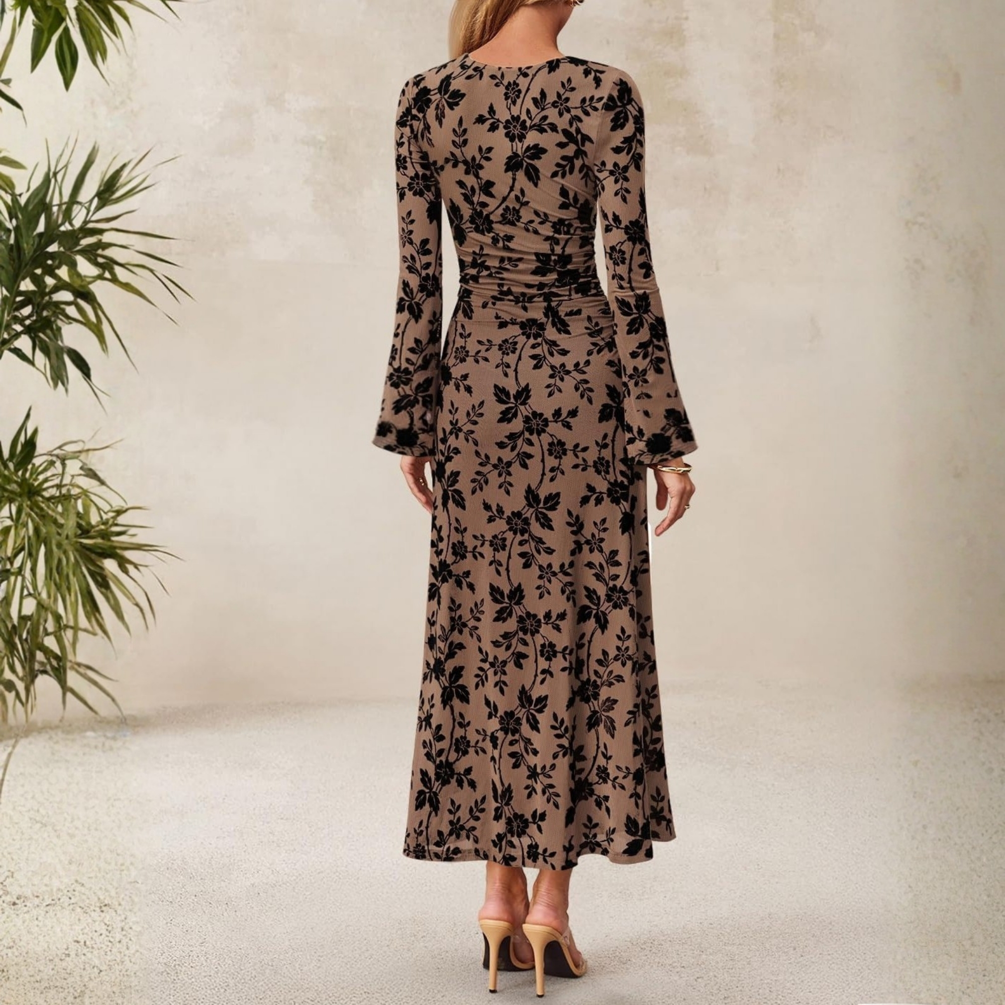 Spring Fall Floral Ruched Mesh Maxi Dress