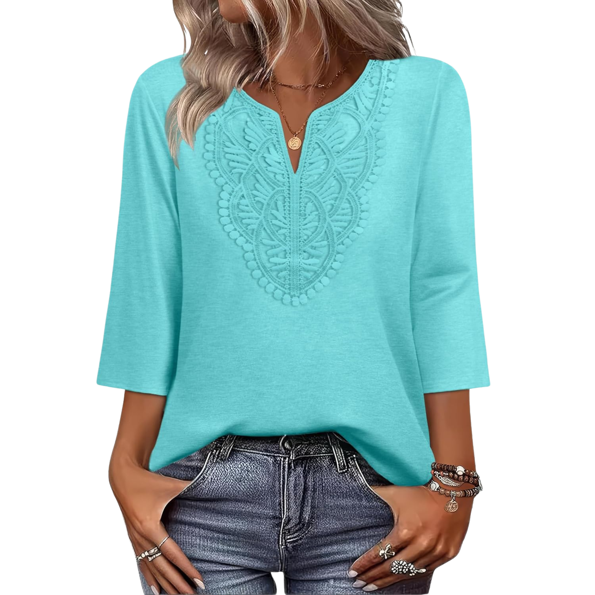  Length Sleeve Womens Tops Boho V Neck Lace Shirt Trendy Blouses Dressy Casual Vacation