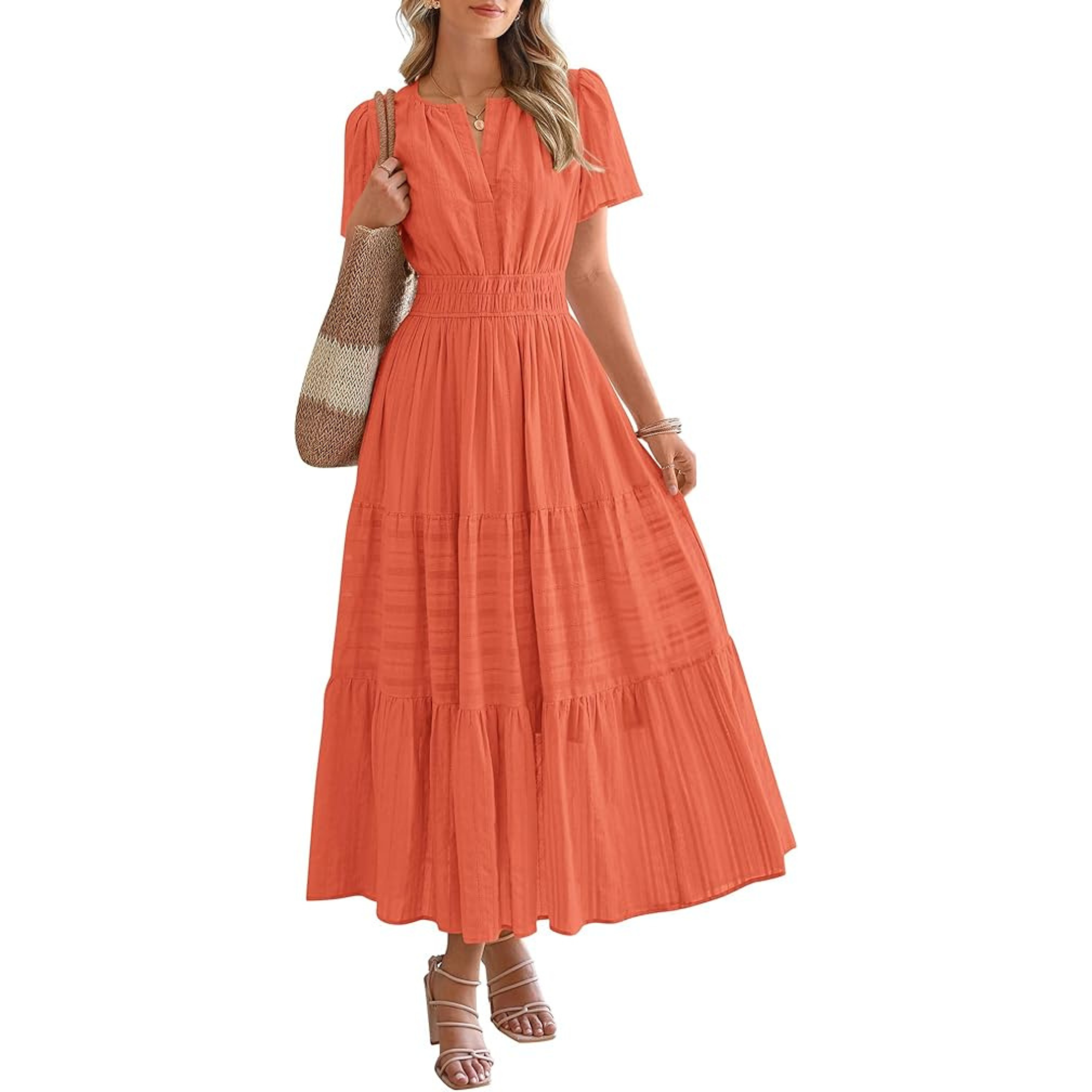 Womens Summer 2026 Casual Midi Maxi Dresses Lightweight Short Sleeve V Neck Elastic Waist Boho Beach Dress Pockets