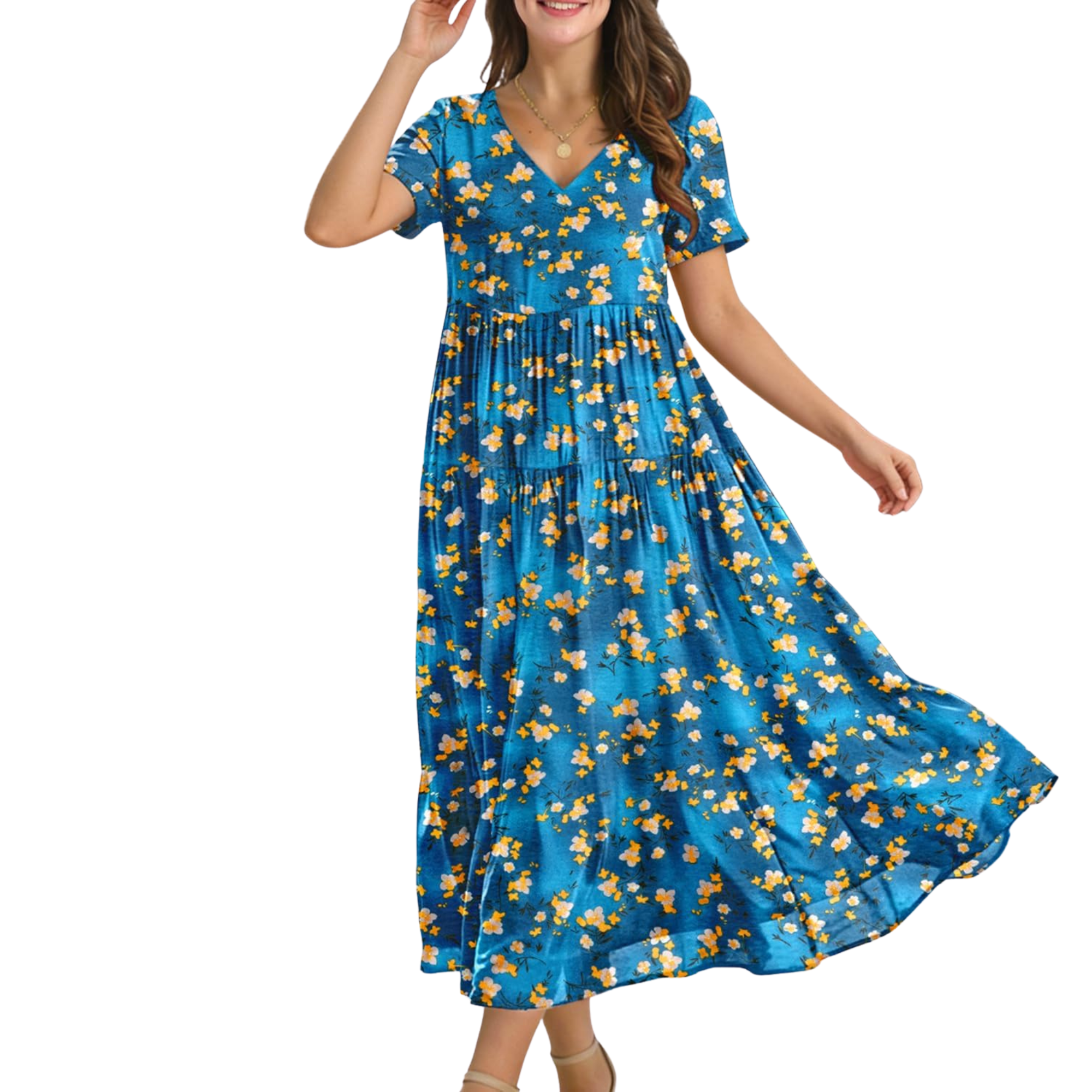 Floral V Neck Boho Maxi Swing Dress with Pockets