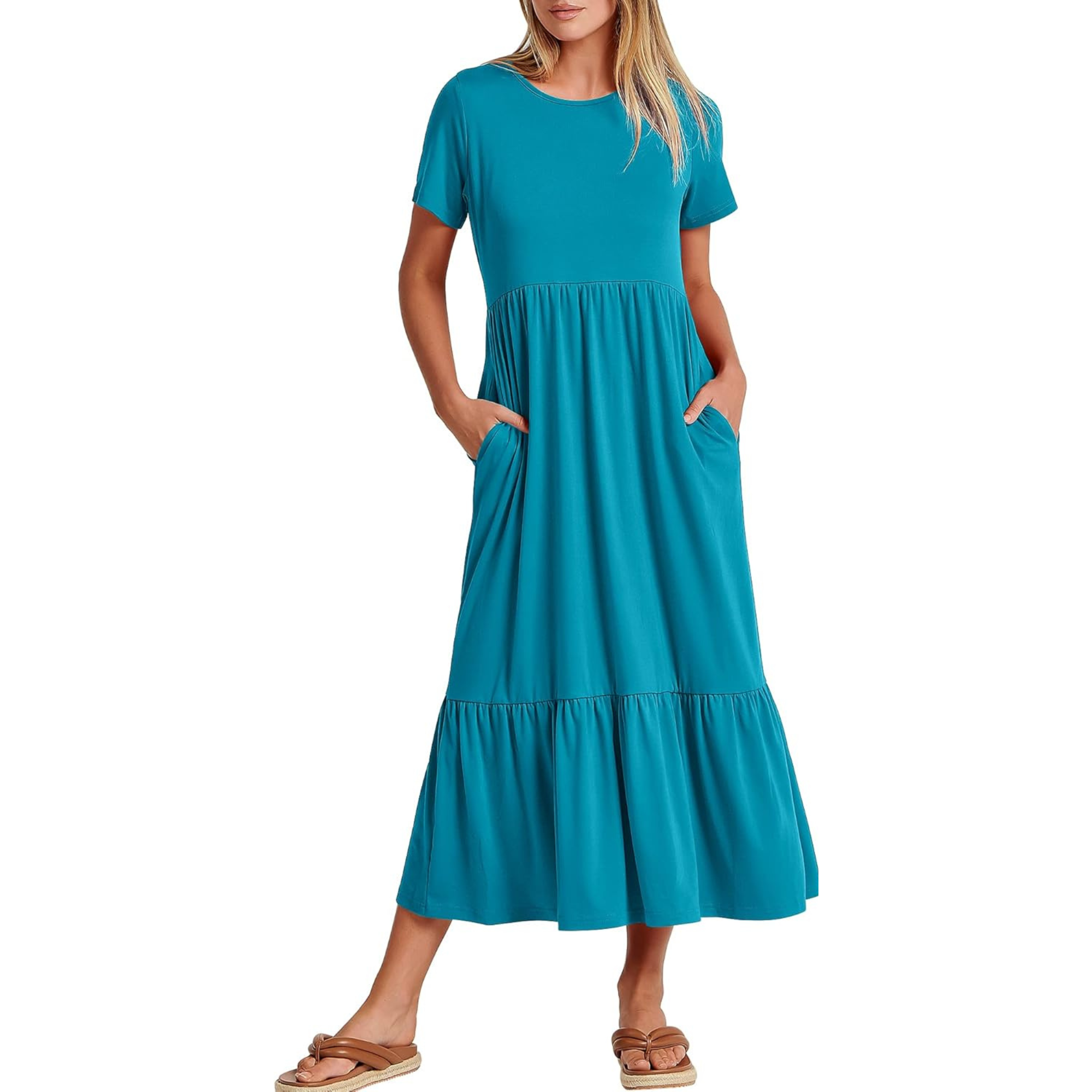 Casual Tiered Maxi T Shirt Dress with Pockets