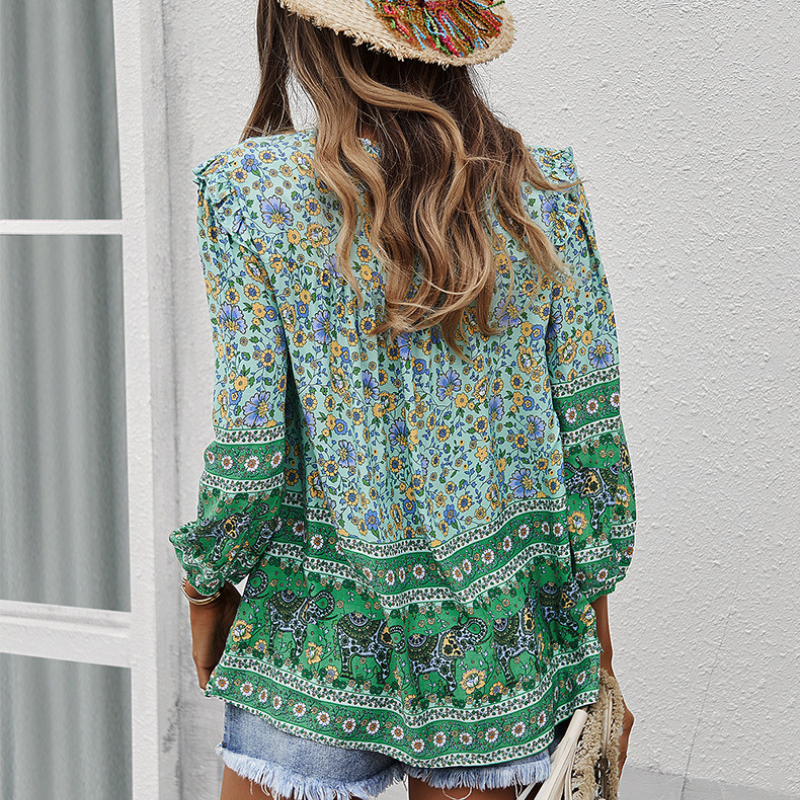 Traditional Print Front Strip Tie Blouse-My Comfy Blouse