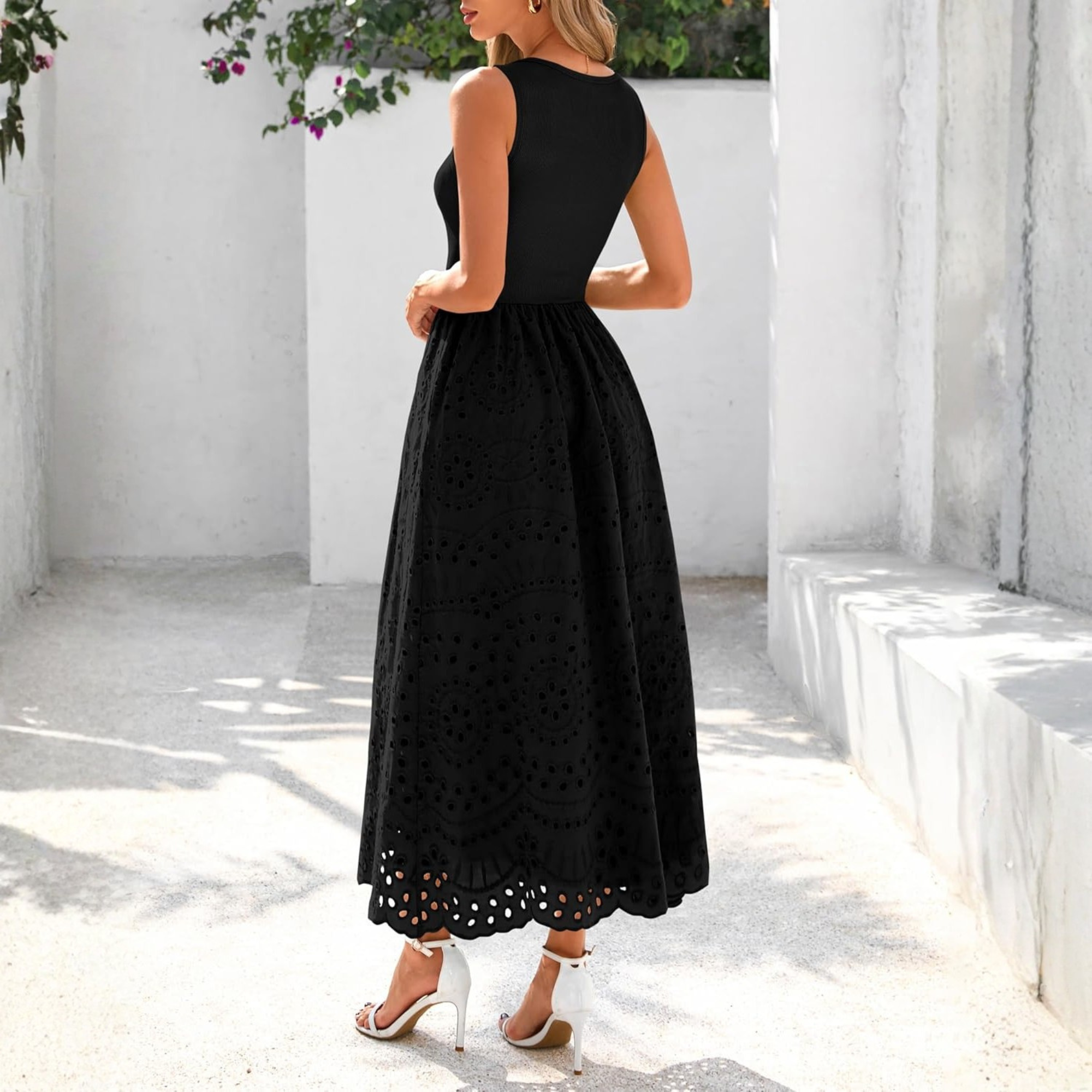 Sleeveless Eyelet Cotton Tank Maxi Dress with Pockets