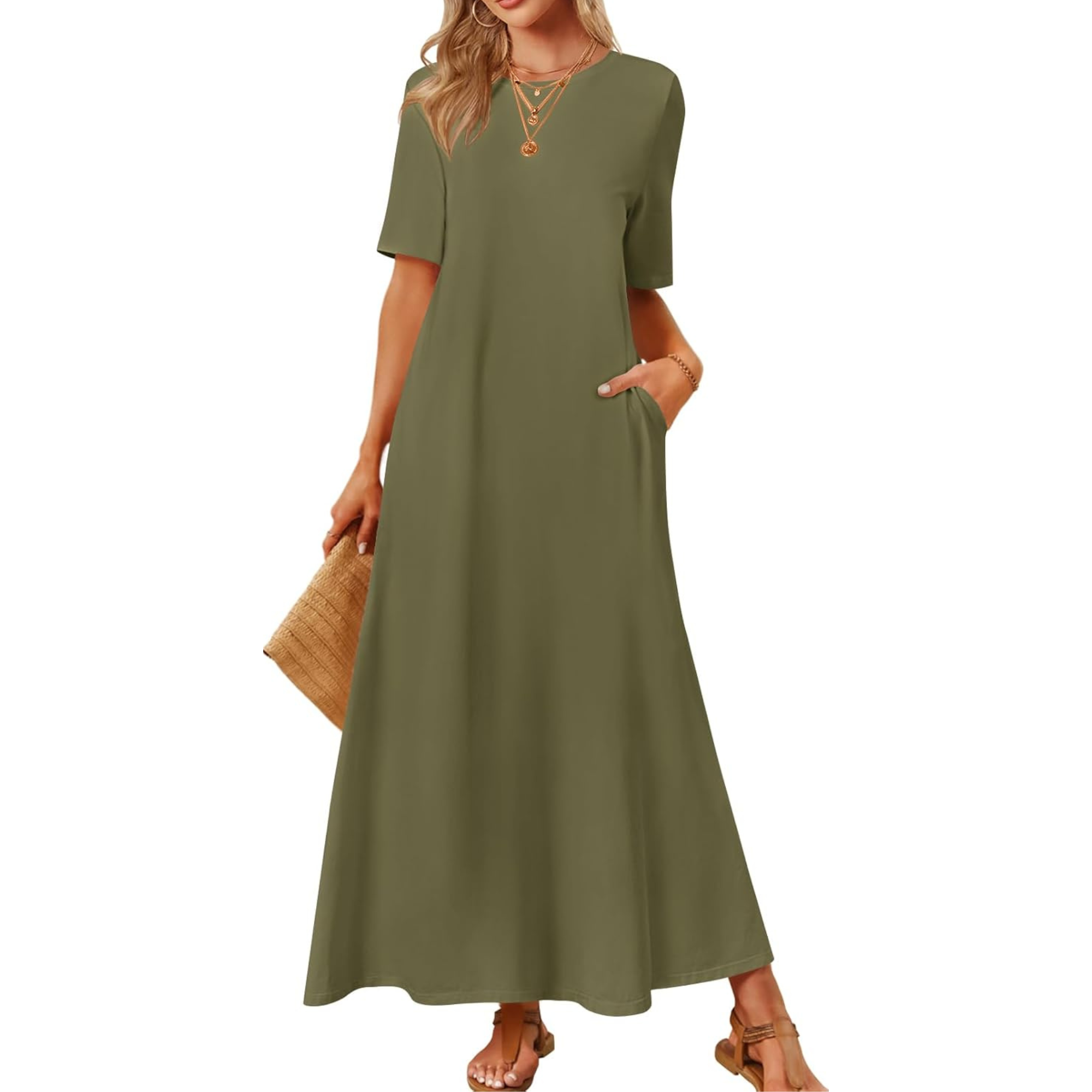 Women Summer Vacation Maxi T Shirt Dress With Pockets