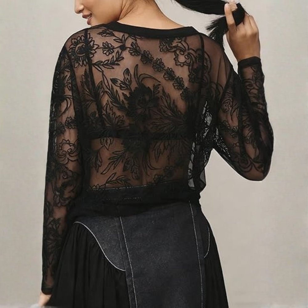 Lace Mesh Floral Printed Sleeve Crew Sheer Shirts For Women
