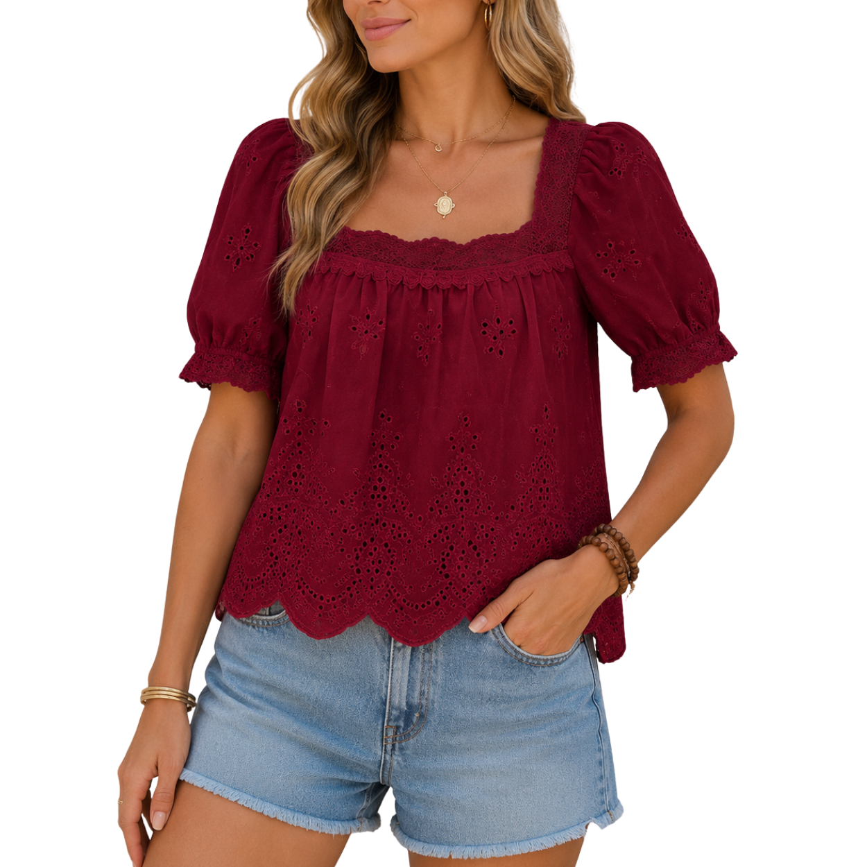 Women Puff Sleeve Eyelet Lace Embroidered Blouse
