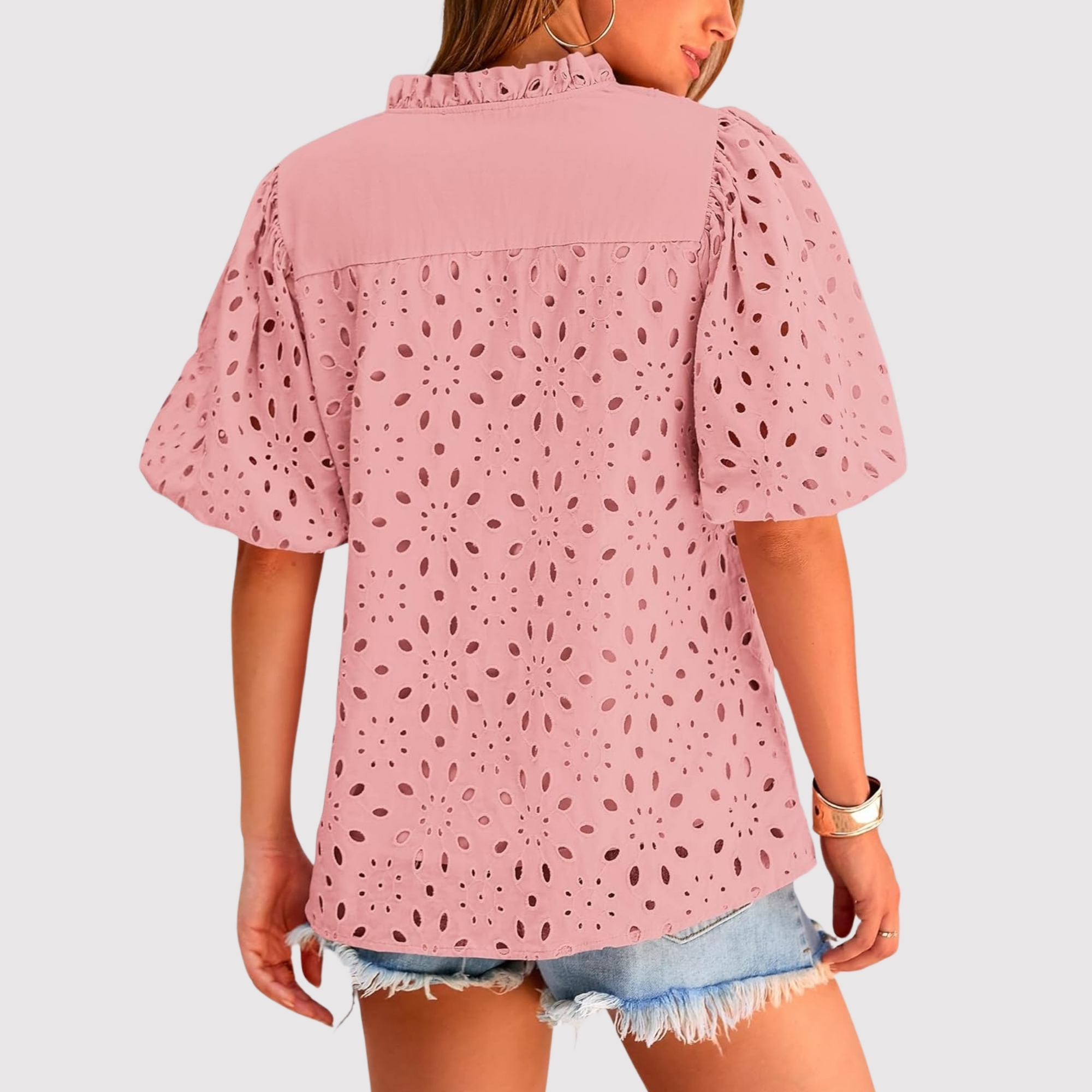 Eyelet Embroidery Sleeve Button Front Style Puff Top 
